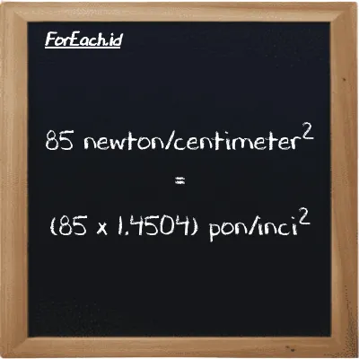 Cara konversi newton/centimeter<sup>2</sup> ke pon/inci<sup>2</sup> (N/cm<sup>2</sup> ke psi): 85 newton/centimeter<sup>2</sup> (N/cm<sup>2</sup>) setara dengan 85 dikalikan dengan 1.4504 pon/inci<sup>2</sup> (psi)